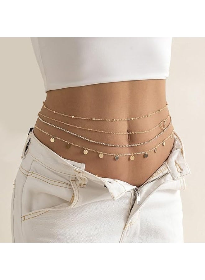 سلسلة خصر وبطن مكونة من 4 قطع، حزام معدني قابل للتعديل باللون الذهبي للنساء، تصميم بوهيمي متعدد الطبقات مع شرابات طويلة، سلسلة خصر ذهبية، مجوهرات صيفية للشاطئ والجسم، مناسبة للفساتين والتنانير. - Image 3